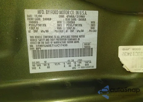 2001 Ford Explorer Sport из США, поврежденный, VIN 1FMYU60E71UC17430